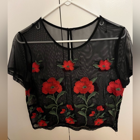 NWOT Floral Embroidered Sheer Black Top - Picture 4 of 4